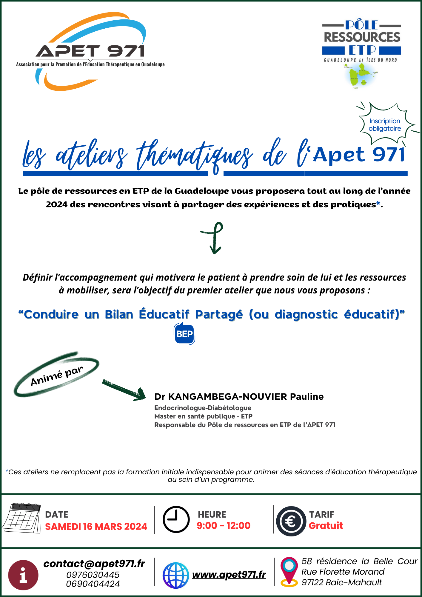 Le pôle de ressources en ETP de la Guadeloupe vous proposera tout au long de l’année 2024 des rencontres visant à partager des expériences et des pratiques (Ces ateliers ne remplacent pas la formation initiale indispensable pour animer des séances d’éducation thérapeutique au sein d’un programme).